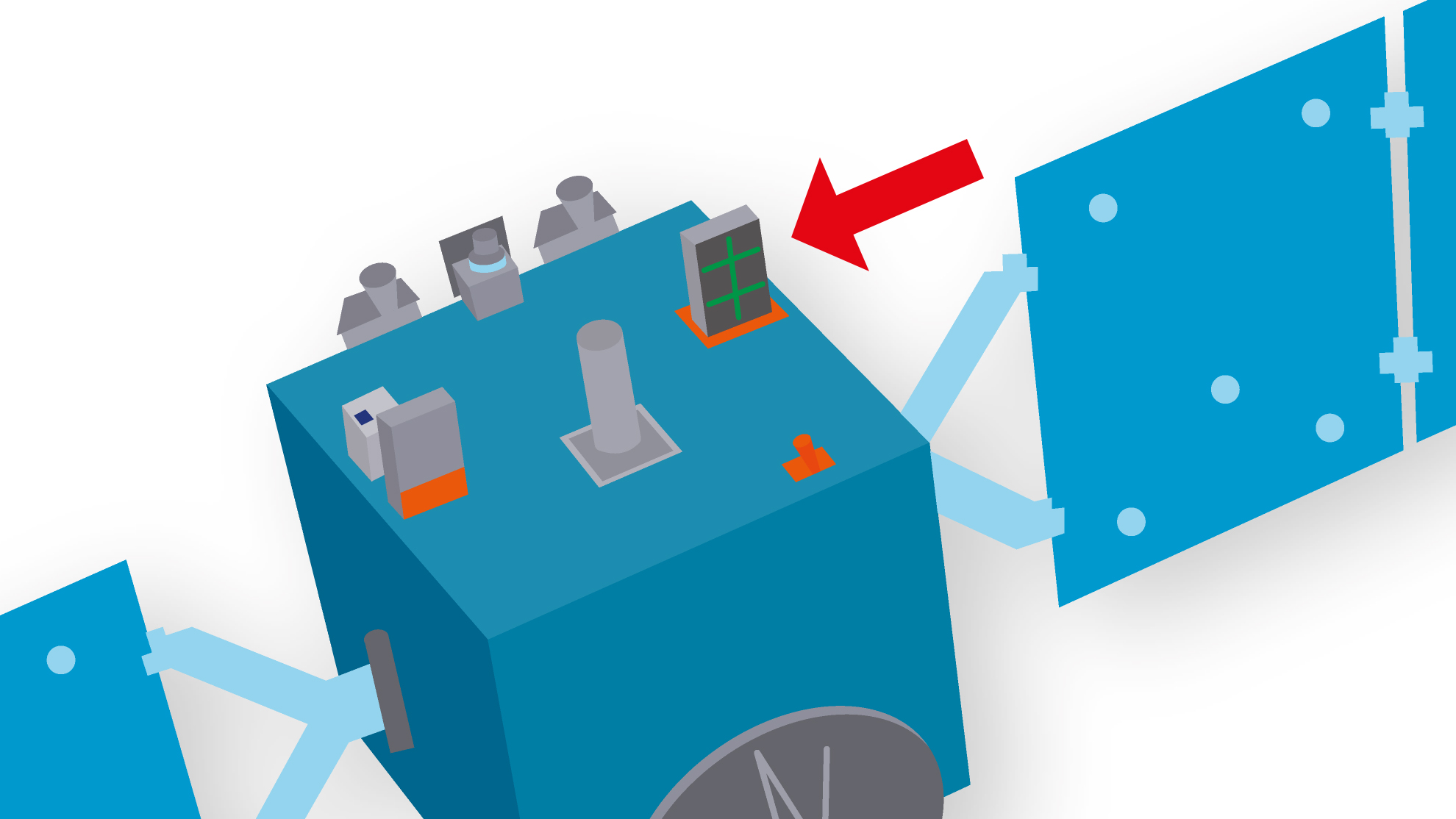 Illustration of the Hera spacecraft featuring the Milani, that will conduct hyperspectral measurements