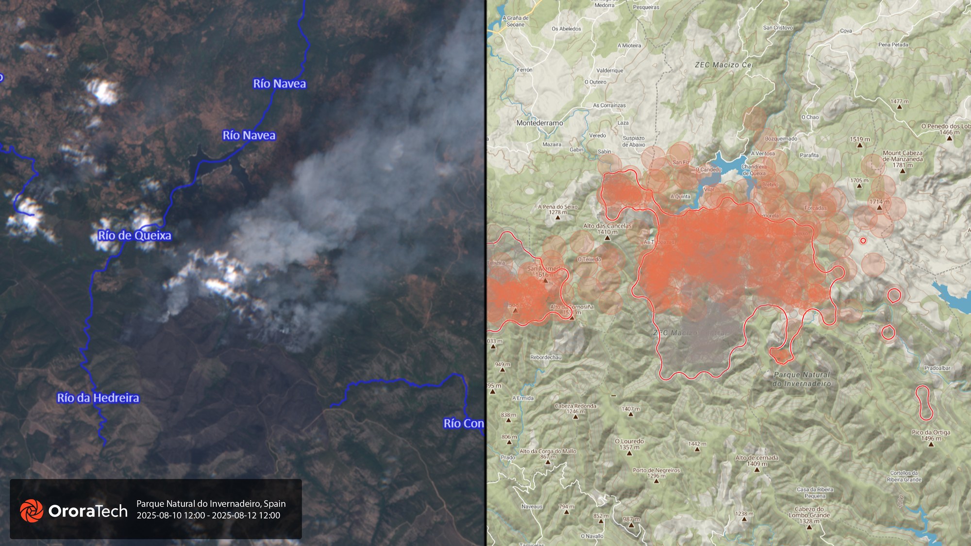 Satellite images of a forest fire in north-east Spain