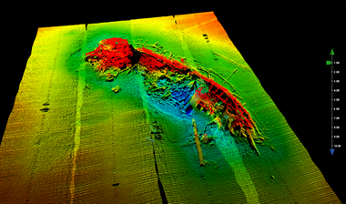 3D-reconstruction of the former three-masted bark with data provided by a Wideband Multibeam Sonar.
