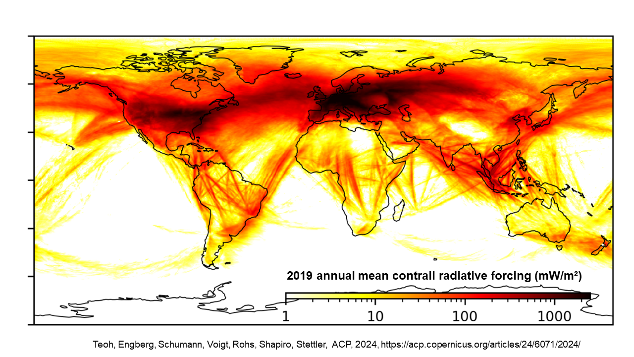 Mean radiative forcing from contrails in 2019
