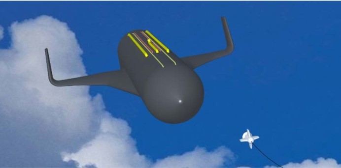 Artist's impression: The winged stage approaches the aerodynamic capture device in subsonic flight