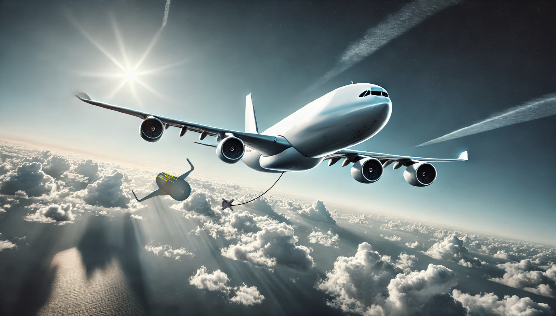 Artist's impression: winged rocket stage approaches converted airliner during coupling