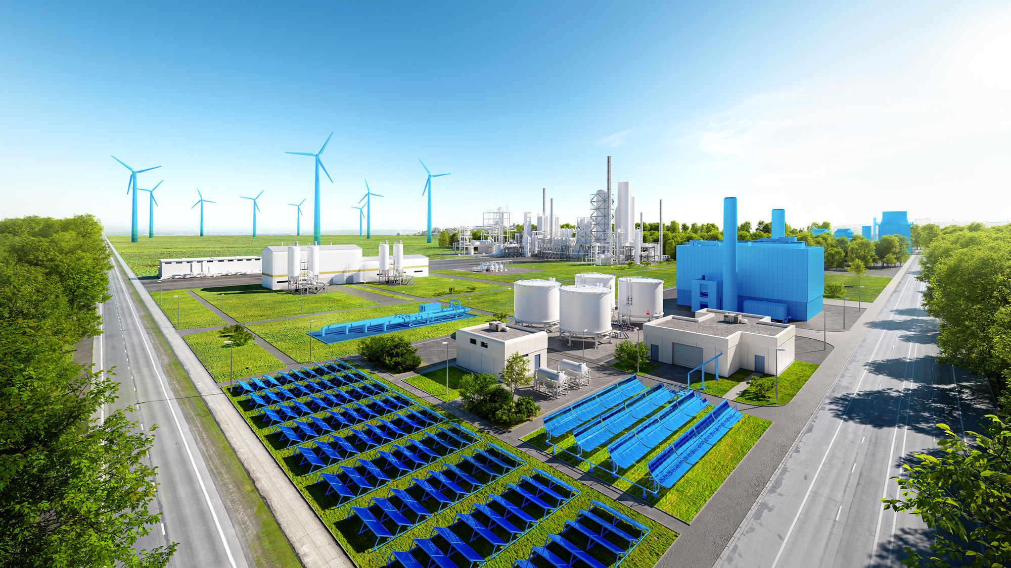 A chemical plant with PV and parabolic trough array