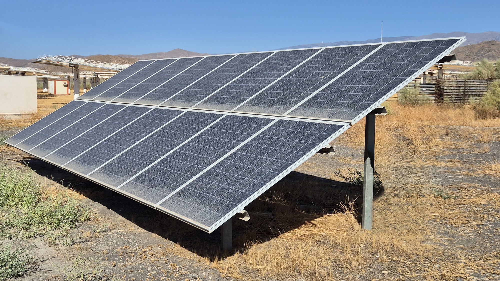 The performance of photovoltaic modules is affected by the degree of soiling. The example here shows soiling caused by sand in Almería, Spain (owned and operated by the Spanish research centre CIEMAT).