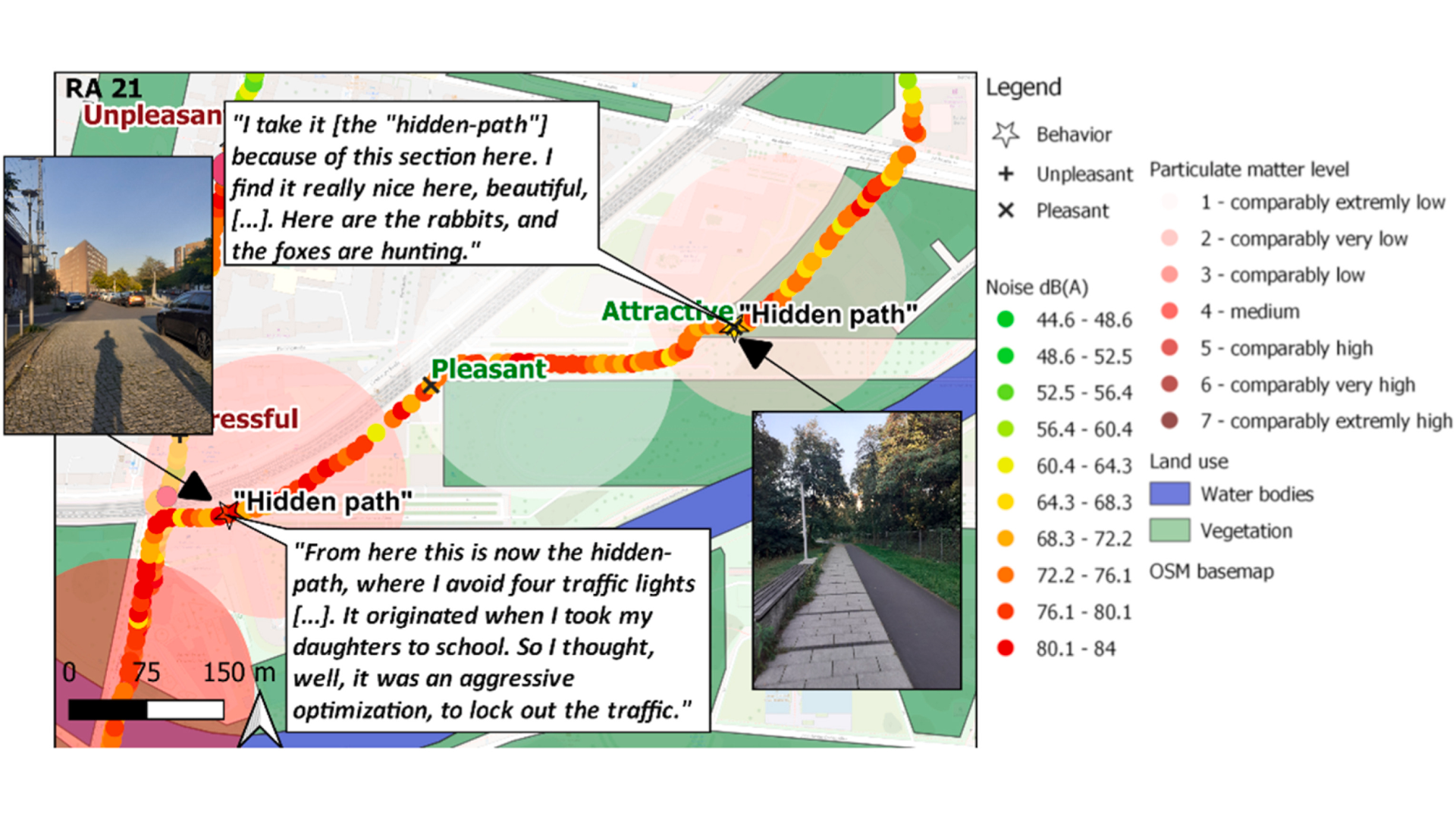 A map with several points on a scale from red to green, showing the various measured loads along a route.