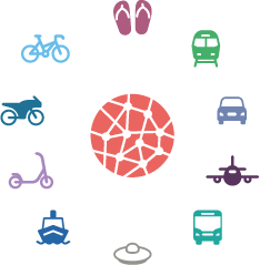 Various symbolic representations of individual modes of transport are arranged in a circle around the DLR MovingLab logo. Clockwise: on foot, a train, a car, an aeroplane, a bus, a ship, an e-scooter, a motorbike and a bicycle.