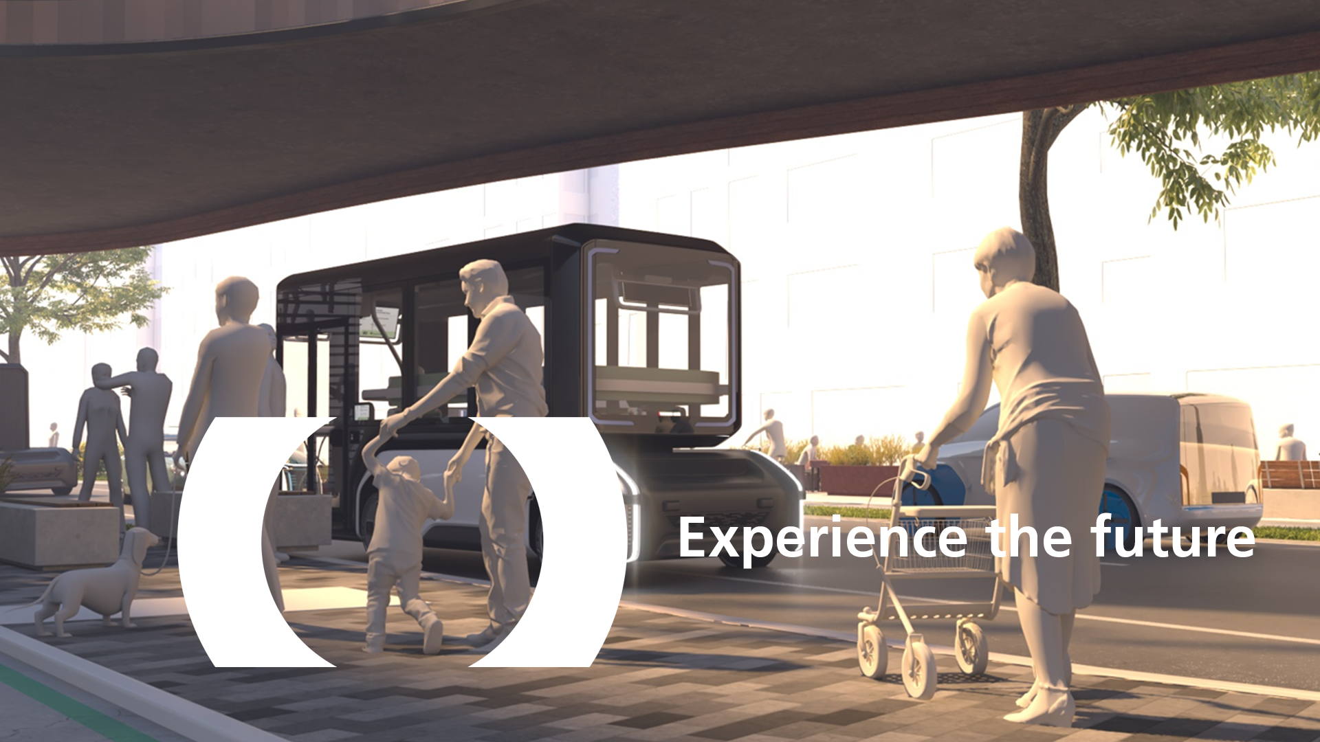 A child is brought into focus with two brackets. Beside it stands “Experience the future”.