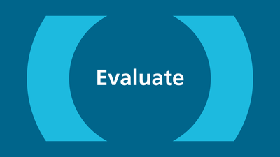 The icon depicts the mozu logo in the form of an opening and a closing light blue bracket on a dark blue background. The word "Evaluate" is written between the brackets.