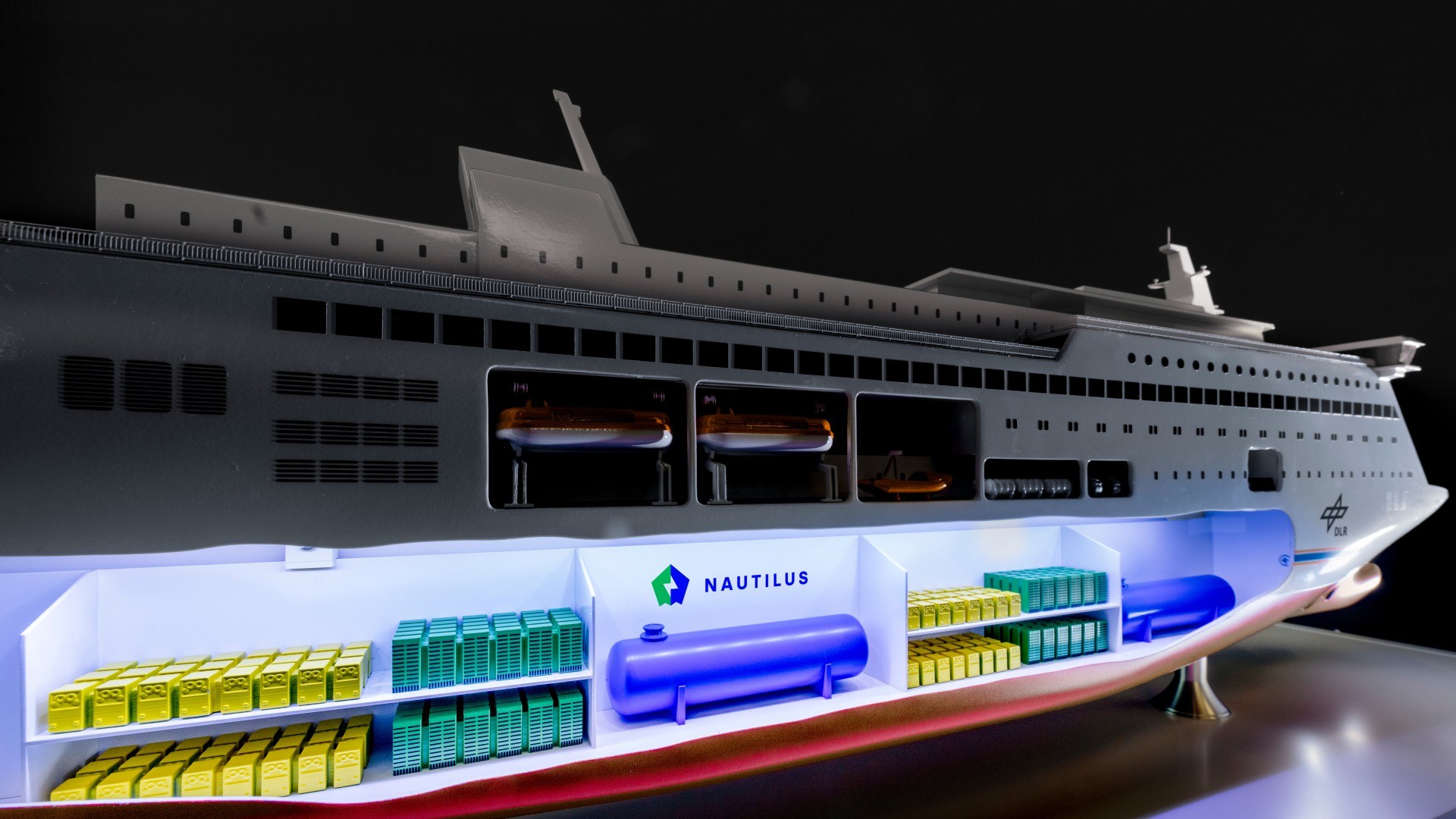 Schematic representation of fuel cells, batteries and fuel tanks of a hybrid generator system in the hull of a passenger ship