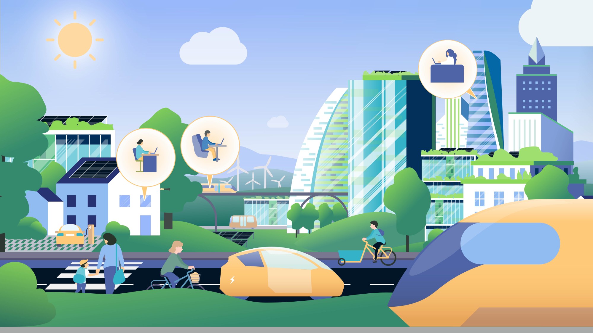 The illustration shows a futuristic urban landscape with sustainable and environmentally friendly means of transport and technologies.