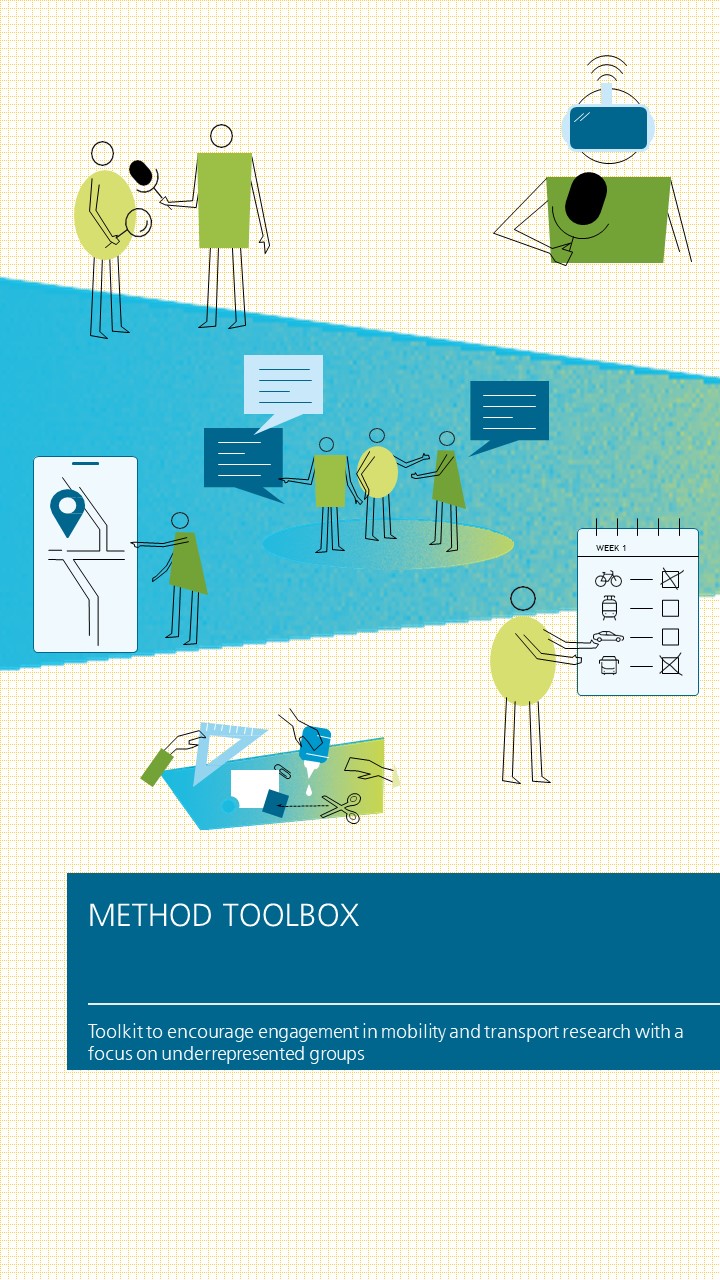 Cover of the document, named under "Method Toolbox", and with a subtitle "Toolkit to encourage engagement in mobility and transport research with a focus on underrepresented groups" with representative images of the different methods addressed by the Toolkit.