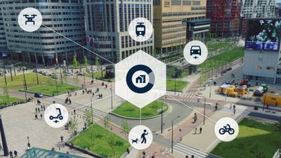 You can see a 3D visualised representation of a city. This visualisation shows 2D graphics depicting different modes of transport.