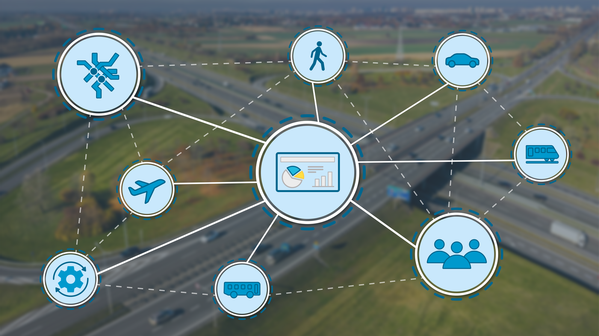 The image shows a network of various icons symbolising a traffic planning tool. A large traffic junction can be seen blurred in the background.