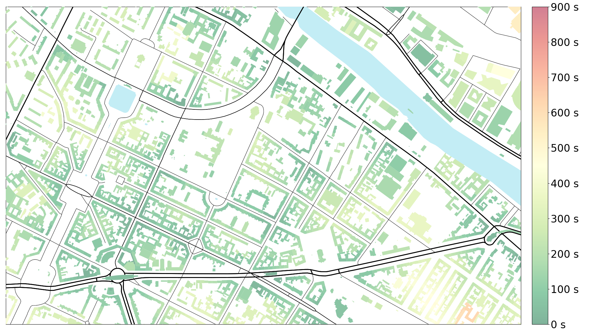 A map of Berlin-Kreuzberg, the access time to the next public transport stop is shown in seconds by colouring. The overall result is very good, almost everything is under 7 minutes.