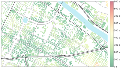 A map of Berlin-Kreuzberg, the access time to the next public transport stop is shown in seconds by colouring. The overall result is very good, almost everything is under 7 minutes.