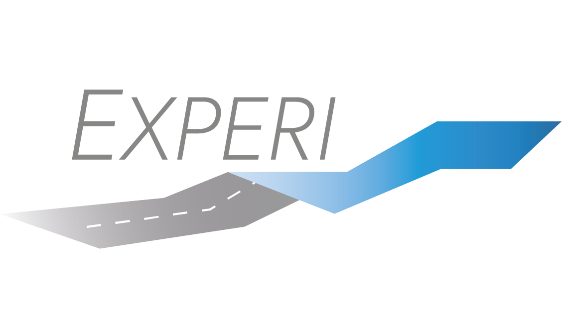 It shows a logo with a road running upwards to the right, merging into a white-blue colour gradient. The project name EXPERI is emblazoned above it.