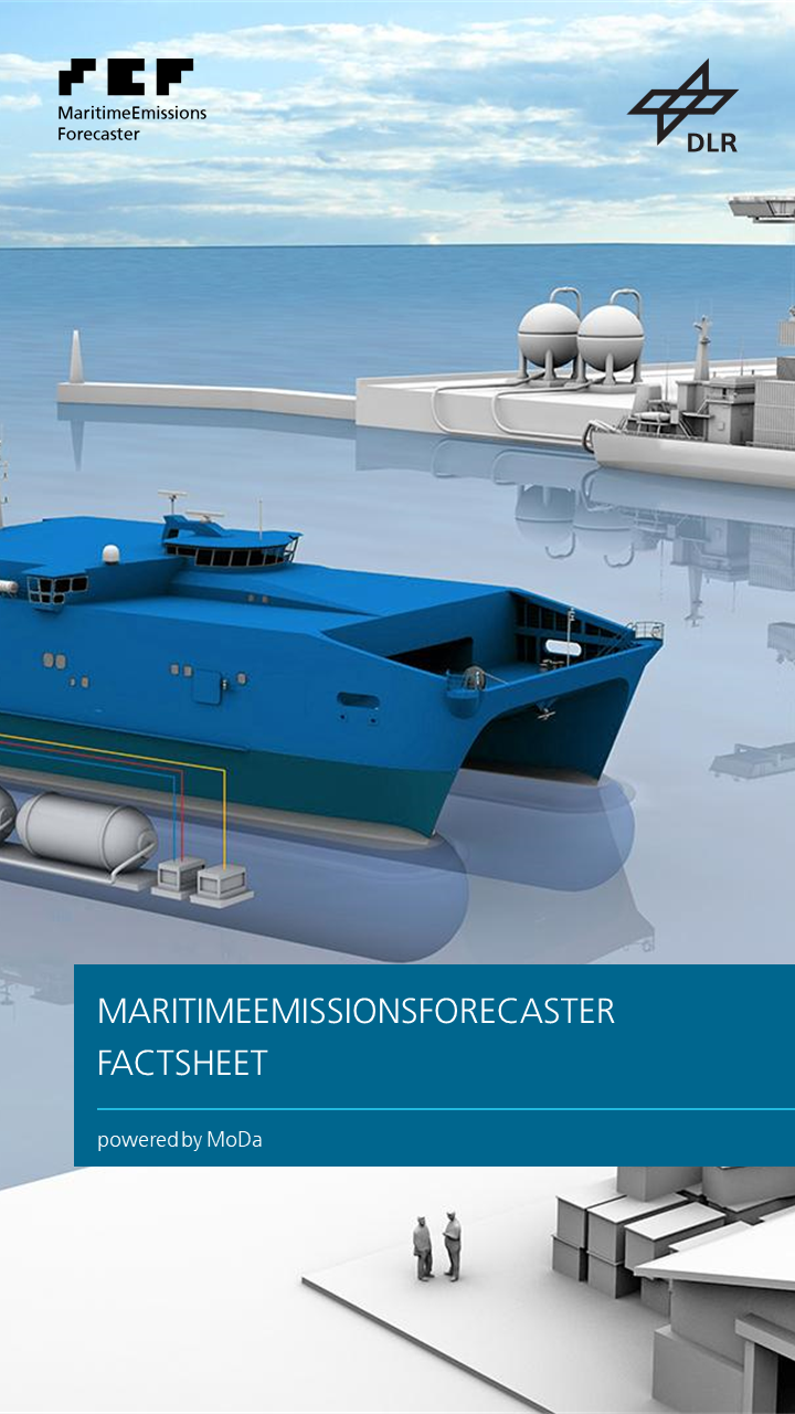 You can see a thumbnail of a factsheet. The image is a 3D visualisation of a port and the title: Maritime Emissions Forecaster Factsheet - powered by MoDa.