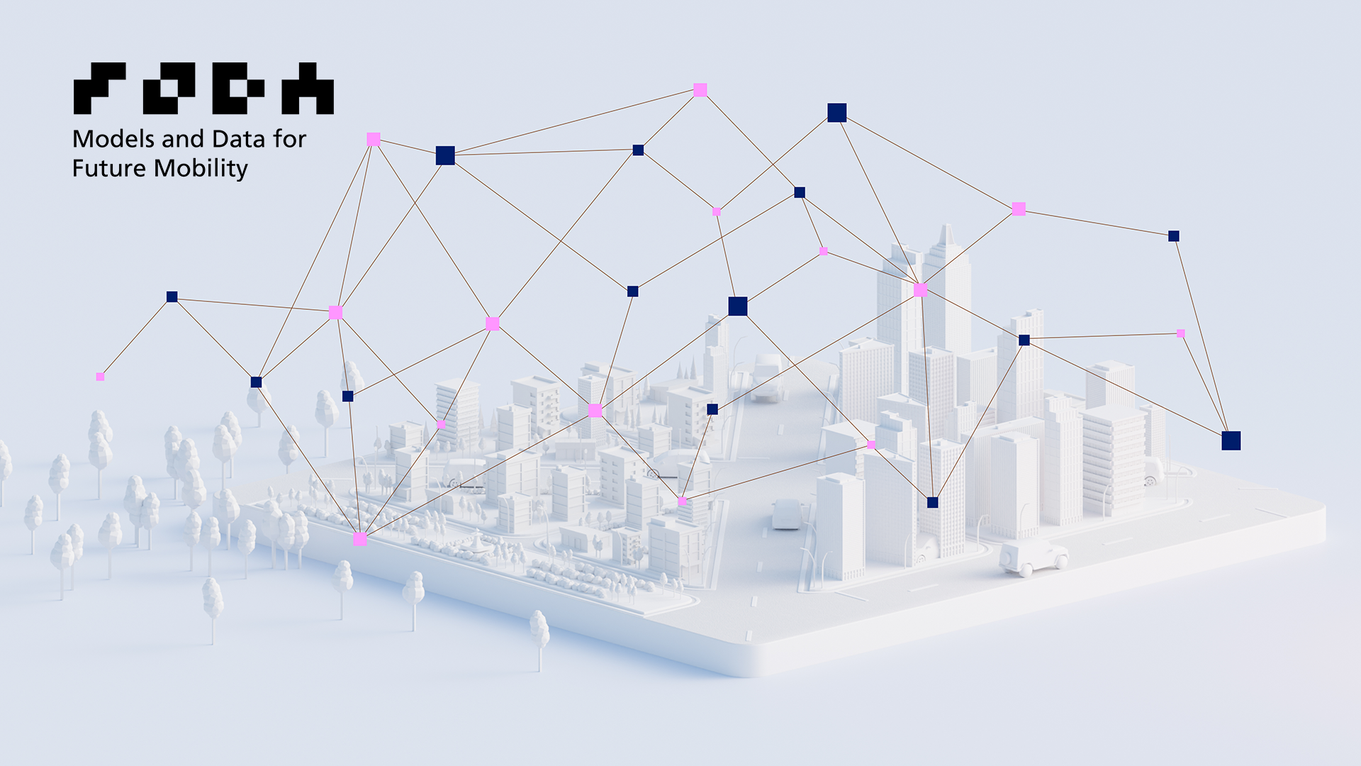 a 3D model of a city with a net above it.