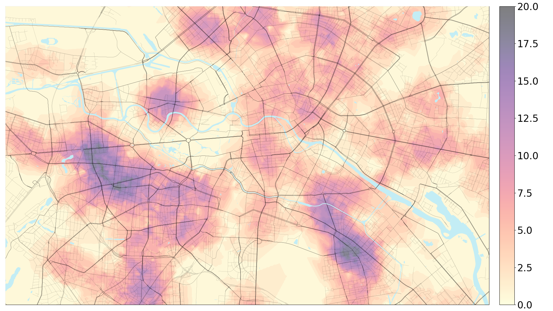 A map of Berlin, coloured according to the number of pharmacies within a 30-minute walk.
