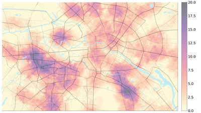 A map of Berlin, coloured according to the number of pharmacies within a 30-minute walk.