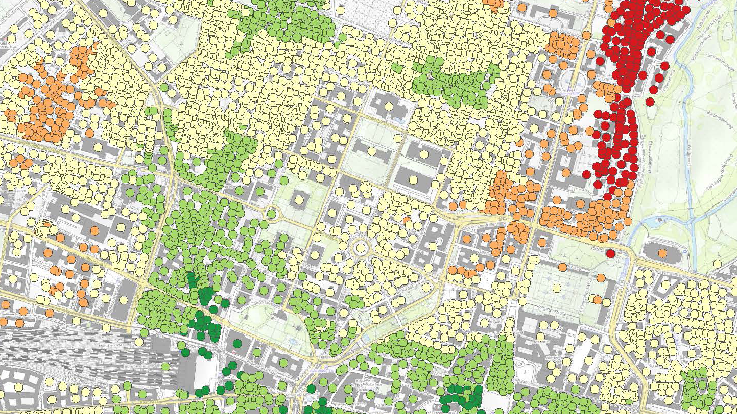 A section of a map with multicoloured dots on it.