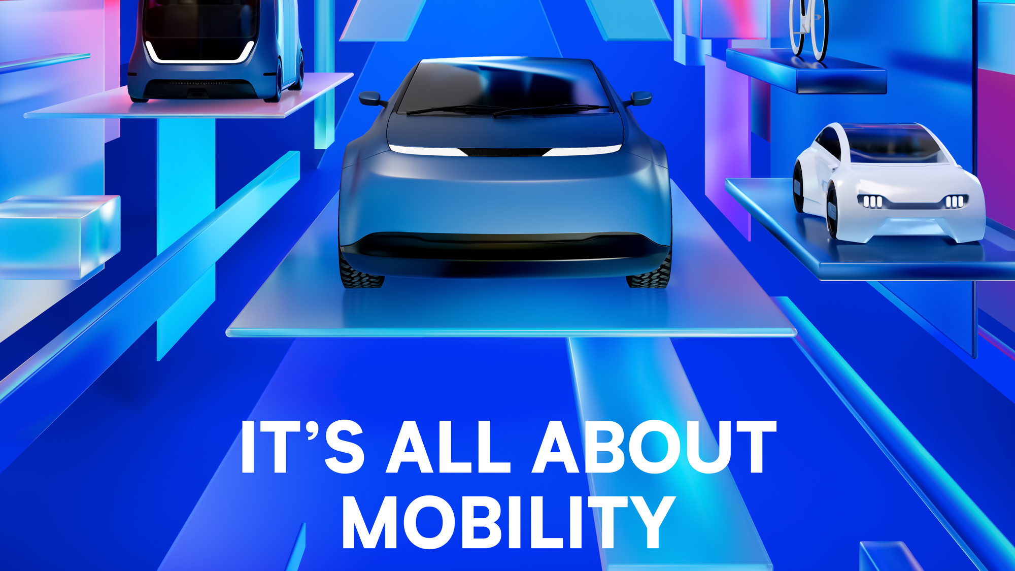 3D image with three cars on floating car parks with the subtitle "It's all about mobility"