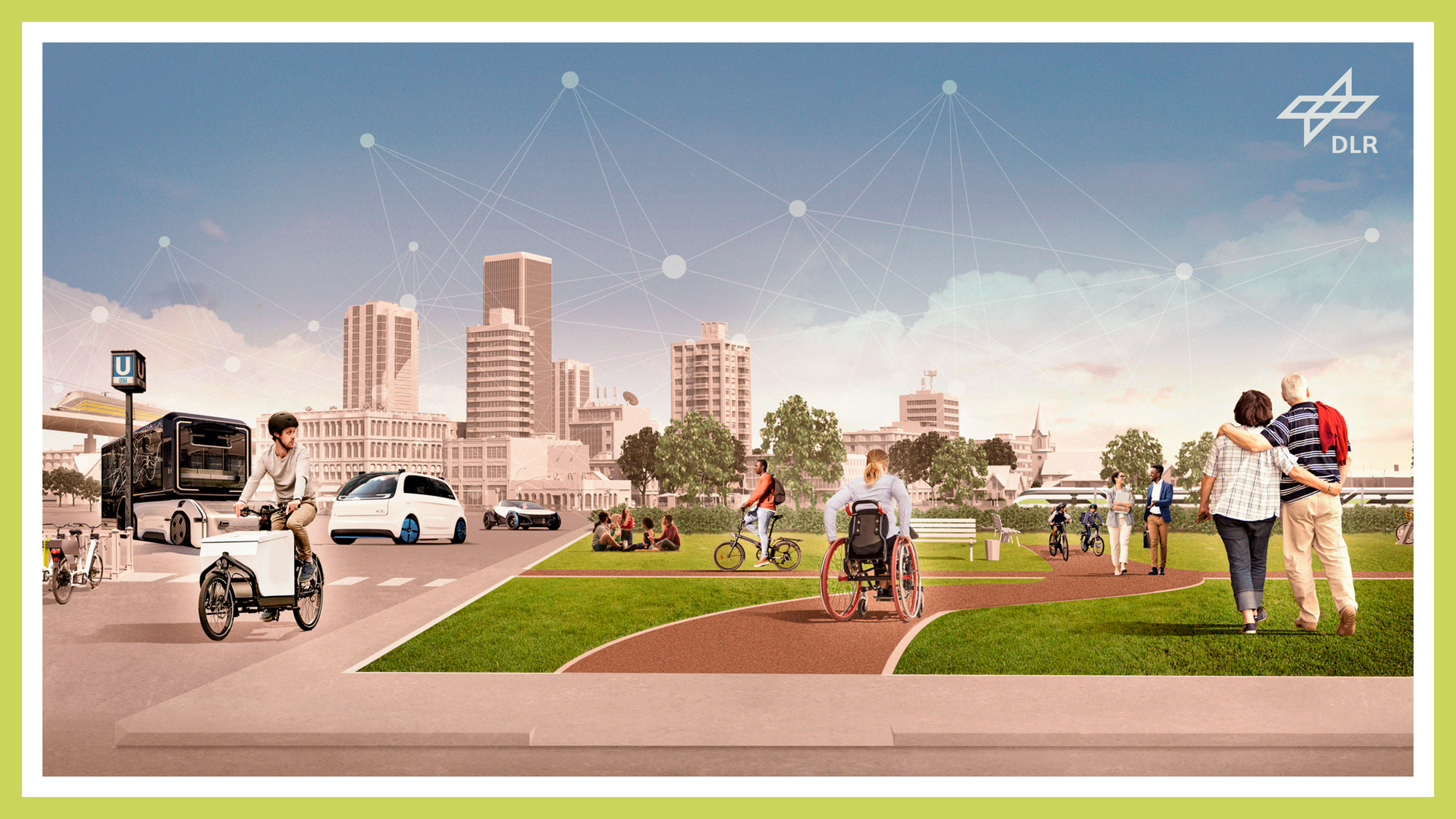 A collage depicting a possible future. Various future mobility concepts are shown, along with a green park. Urban buildings can be seen in the background.