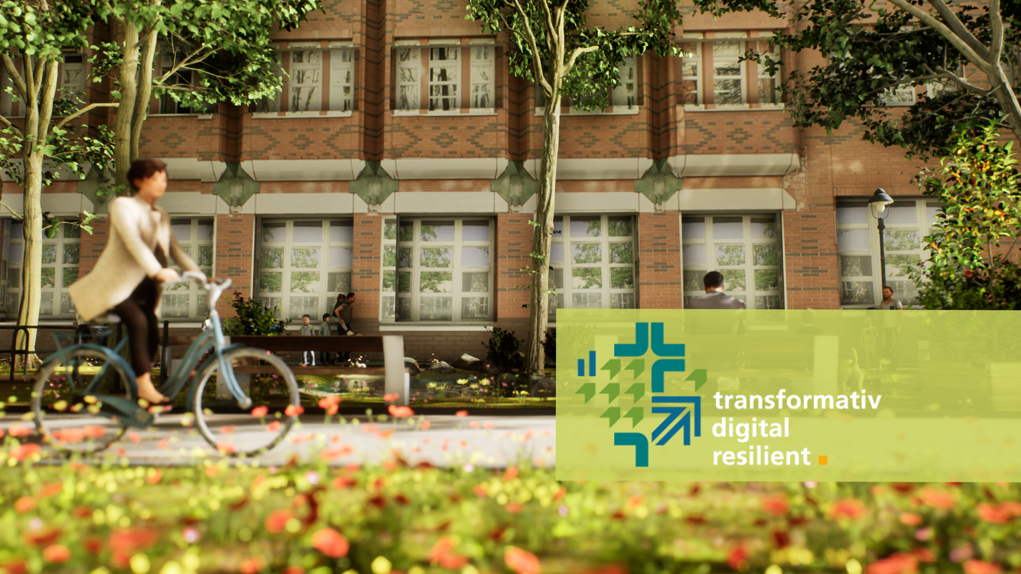 A 3D render shows a female cyclist in beige coat and black clothing, riding a blue bicycle along a cycle path. In the background stands a multi‑storey brick building with large windows. Urban greening such as trees and shrubs is planted along the path. Adults and children are walking or standing on the pavement, which lies between the cycle lane, the green strip and the house. A person is sitting on a park bench. In the foreground a flower bed is visible, out of focus. In the lower right‑hand part of the image the event’s geometric logo appears, reading “transformativ digital resilient” in white letters, on a transparent‑green background.