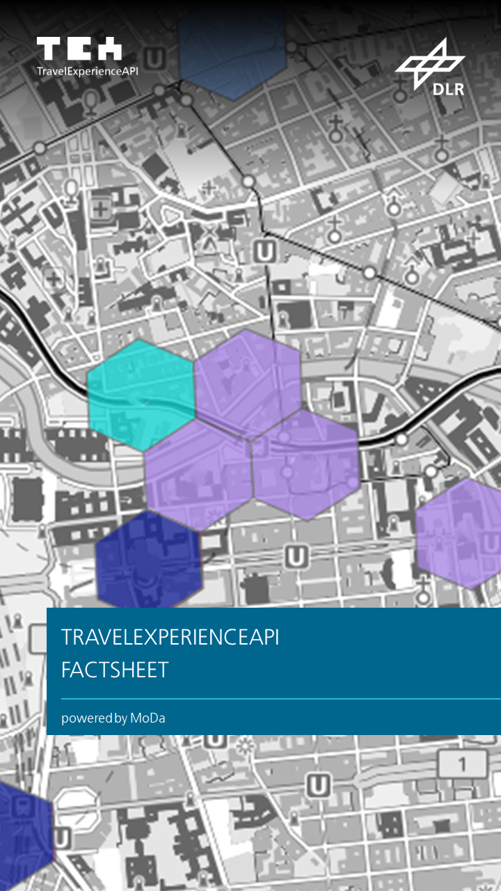 You can see a thumbnail of a factsheet. The image is a map of Berlin with several colourful hexagons on it and the title: Travel Experience API Factsheet - powered by MoDa.