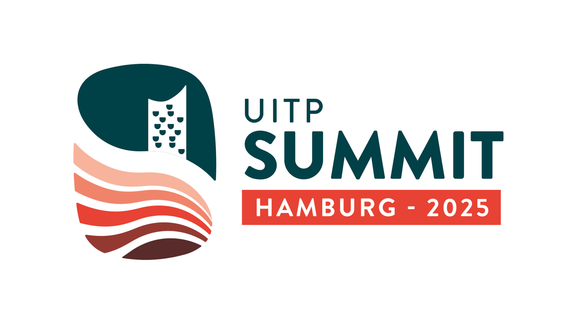 The UITP Summit logo shows an upright rectangle on the left-hand side, the upper half of which is a stylised representation of the Elbphilharmonie concert hall on a blue background. Separated by a white wavy line, below it are wavy lines in various shades and thicknesses of red. To the right of this logo is "UITP Summit" in blue and "Hamburg - 2025" in a red box below.