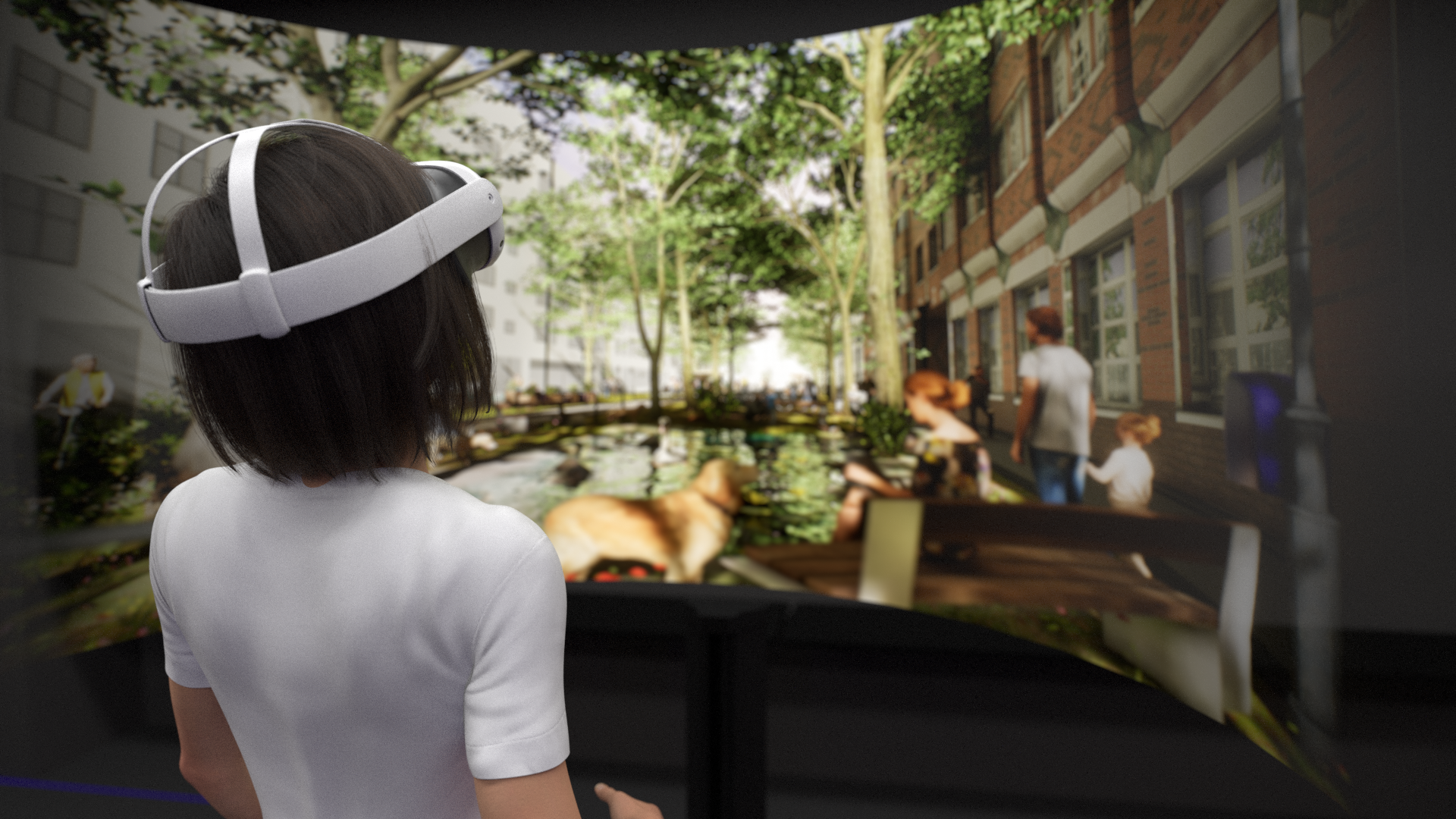 A 3D woman wears a set of VR glasses and looks into a virtual scene in which mobility is designed differently.