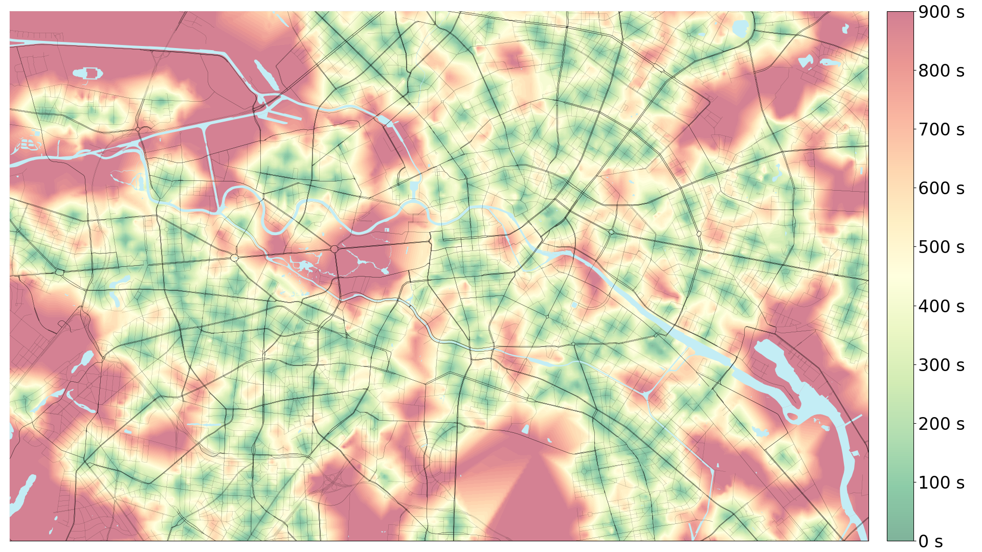 A map of Berlin, coloured according to the accessibility of a pharmacy within 15 minutes on foot.