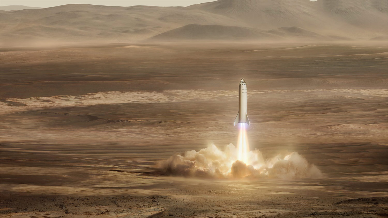 Rückstart vom Mars. Haben es sich da einige anders überlegt? Eigentlich ist das Ticket zum Roten Planeten ohne Rückflug gedacht. Künstlerische Darstellung: SpaceX