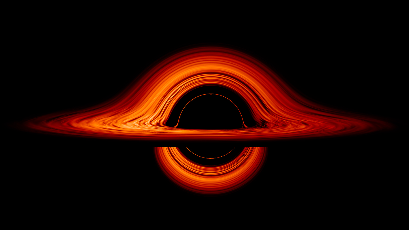 Das ist kein Foto eines Schwarzen Lochs, sondern eine künstlerische Darstellung. Wie es im Inneren eines Schwarzen Lochs aussieht, weiß man nicht. Ein junges Mädchen hat sich darüber Gedanken gemacht. Bild: NASA/J. Schnittman  