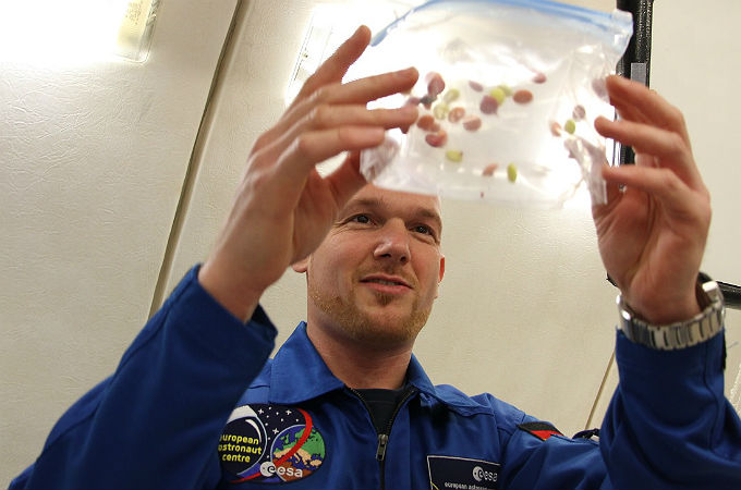 Alex testet das „Schokolinsen-Experiment“ – und zwar bei einem Parabelflug, bei dem es für 20 Sekunden zu Schwerelosigkeit kommt. Bild: Jörg Adam, DLR