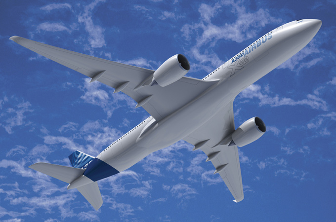 Beim neuen Airbus A350 werden Rumpf und Tragflächen aus kohlefaserverstärktem Kunststoff hergestellt. 
Bild: Airbus
