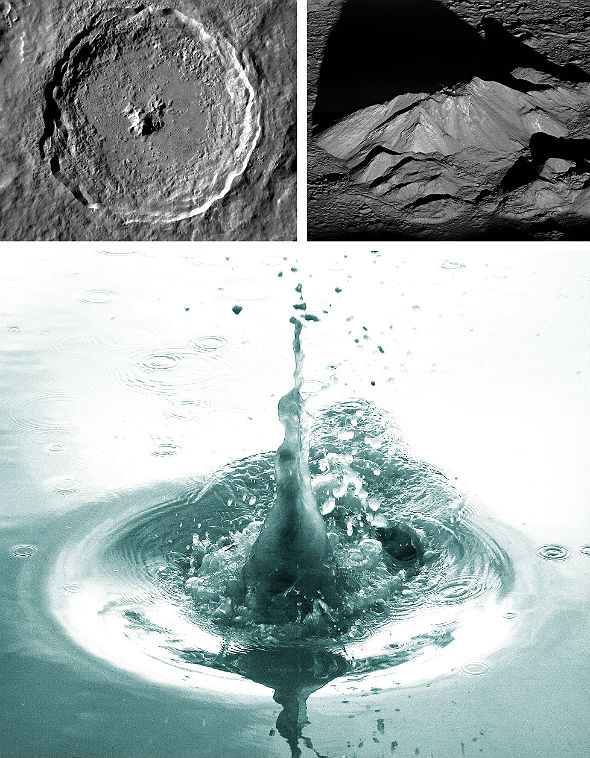 Die beiden oberen Bilder zeigen den Mondkrater Tycho mit seinem Zentralberg. Das Foto unten haben wir mal aufgenommen, um zu zeigen, wie es zu solchen Zentralbergen kommt. Bilder: NASA, DLR