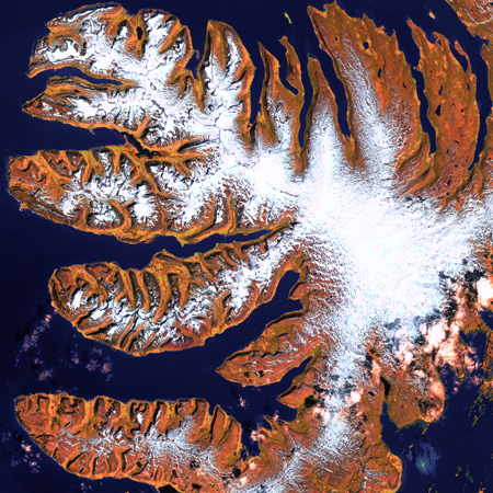 Fjorde und Gletscher. 
Bild: USGS National Center for EROS and NASA Landsat Project Science Office