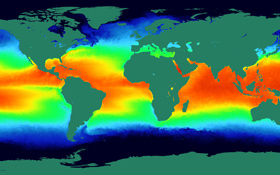 Diese Karte zeigt die Temperaturen der Meeresoberfläche. Die Daten lieferte ein Satellit. Bild: ESA
