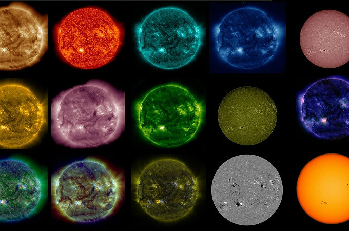 Die Sonne – gesehen vom Satelliten SDO, jedes Bild in anderer Wellenlänge. Bilder: NASA, SDO  