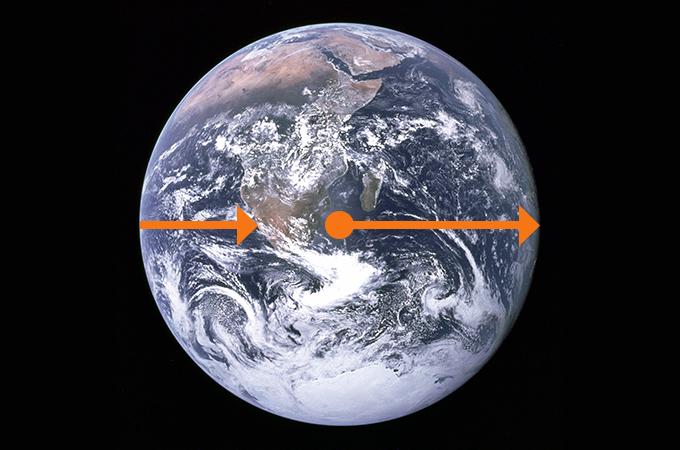 Gedankenspiel zu einer „Wanderung“ um die ganze Erdkugel herum. Originalbild: NASA 