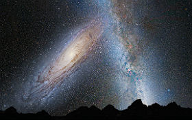 Diese Fotomontage simuliert den „Zusammenstoß“ unserer Milchstraße mit der Andromeda-Galaxie. Bild: NASA; Z. Levay and R. van der Marel, STScI; T. Hallas; and A. Mellinger 