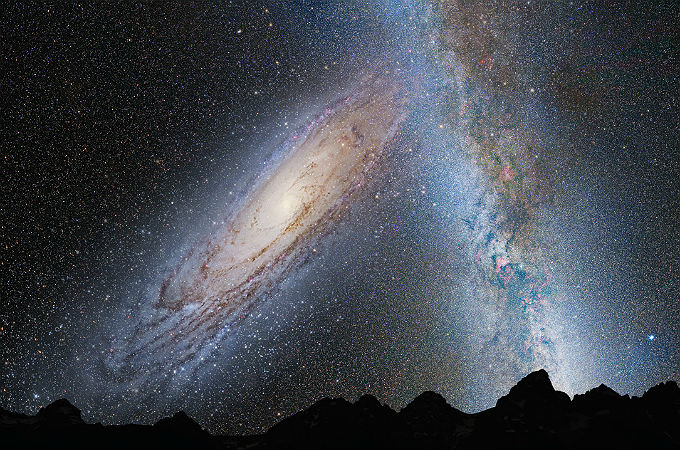 Diese Fotomontage simuliert den „Zusammenstoß“ unserer Milchstraße mit der Andromeda-Galaxie. Bild: NASA; Z. Levay and R. van der Marel, STScI; T. Hallas; and A. Mellinger 